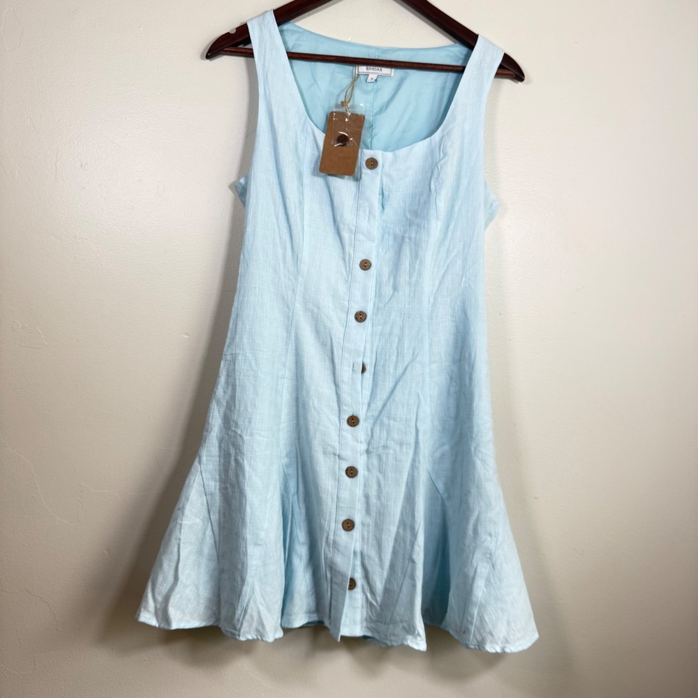 NWT RIHOAS Textured Cotton Button Down Mini Dress Size S Light Blue